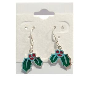 925 Sterling Silver Dangle Drop Earrings Mistletoe Christmas Tree Green Enamel